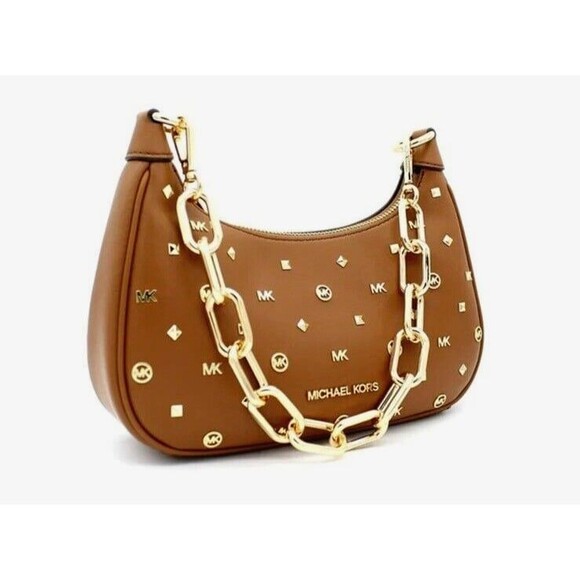 New Michael Kors Cora Shoulder Bag Medium Zip Pouchette Luggage with Studs - Picture 2 of 6